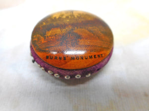 A Mauchline Ware pin cushion- Burns Monument. c1850