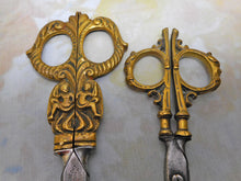 Load image into Gallery viewer, Two pairs of large, brass handled German scissors. 19th century. Solingen.
