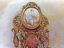 Load image into Gallery viewer, A white metal chatelaine with painted porcelain plaques. c1870 a/f
