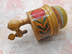 A large Painted Tunbridge Ware pin cushion clamp with integral box. c1820