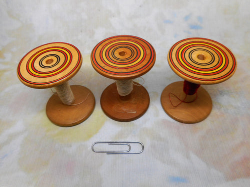 Three large Painted Tunbridge Ware wooden reels / spools. c 1800