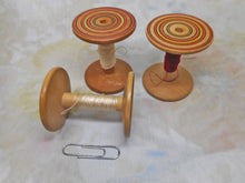 Load image into Gallery viewer, Three large Painted Tunbridge Ware wooden reels / spools. c 1800
