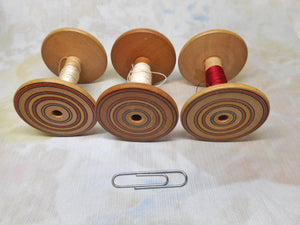 Three large Painted Tunbridge Ware wooden reels / spools. c 1800