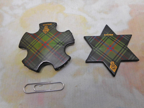 Two Tartan Ware thread winders. Louise pattern. c1870