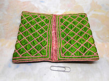 Load image into Gallery viewer, A green silk hussif decorated with chain stitches. c1830
