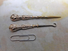 Load image into Gallery viewer, A small silver handled button hook and matching stiletto / awl. c1870
