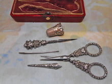 Load image into Gallery viewer, A red leather etui with sewing tools. c1830
