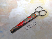 Load image into Gallery viewer, A Tartan ware scissor sheath with steel scissors. c 1870
