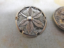 Load image into Gallery viewer, Two old silver buttons-filigree and mock filigree.
