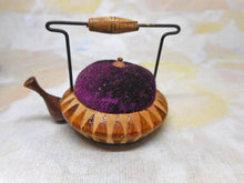 Load image into Gallery viewer, A Tunbridge Ware kettle pin cushion and its pair-a teapot. c1900-1920
