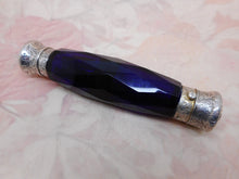 Load image into Gallery viewer, An antique double ended blue glass scent bottle with silver mounts.
