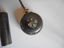 Load image into Gallery viewer, Antique ‘dance chatelaine&#39;- oxidized steel with lucky 4 leaf clovers. c 1870
