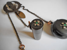 Load image into Gallery viewer, Antique ‘dance chatelaine&#39;- oxidized steel with lucky 4 leaf clovers. c 1870
