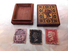 Load image into Gallery viewer, A Tunbridge Ware stamp box with old stamps. c 1860
