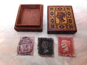 A Tunbridge Ware stamp box with old stamps. c 1860