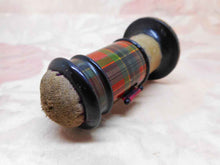 Load image into Gallery viewer, A Tartan Ware thread waxer, tape measure and emery cushion. Clan Mc Pherson.
