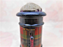 Load image into Gallery viewer, A Tartan Ware thread waxer, tape measure and emery cushion. Clan Mc Pherson.
