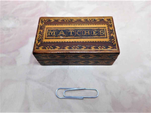 A Tunbridge Ware match case with 'matches' inlaid into the lid