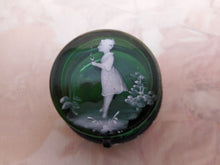 Load image into Gallery viewer, SOLD…….A green glass trinket box with &#39;Mary Gregory&#39; decoration. c1900
