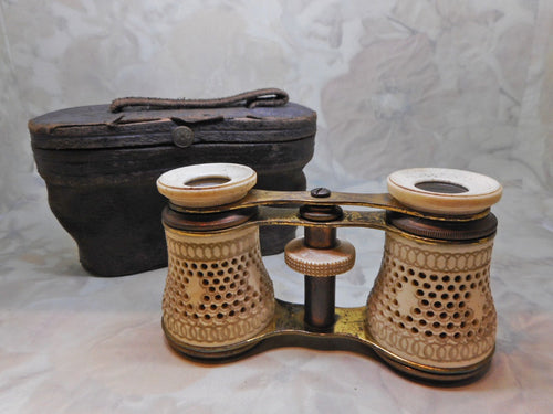 A pair of pierced bone binoculars and case. c 1890