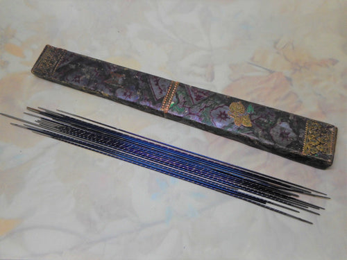 Victorian blued steel knitting needles in original box. c 1850