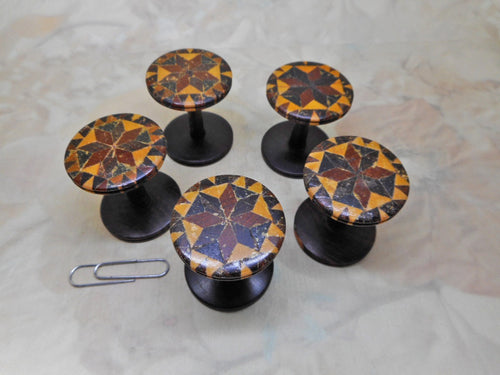 A set of 5 Tunbridge Ware cotton reels / spools. c 1850