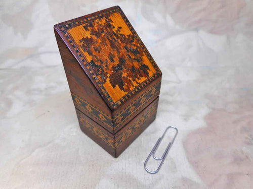 A Tunbridge Ware needle packet box of knife slope form. circa 1870