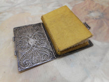 Load image into Gallery viewer, SOLD………A silver filigree book cover with its silk needle case.  c 1800
