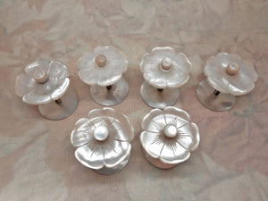 A set of six mother of pearl cotton reel holders / spools. c 1860